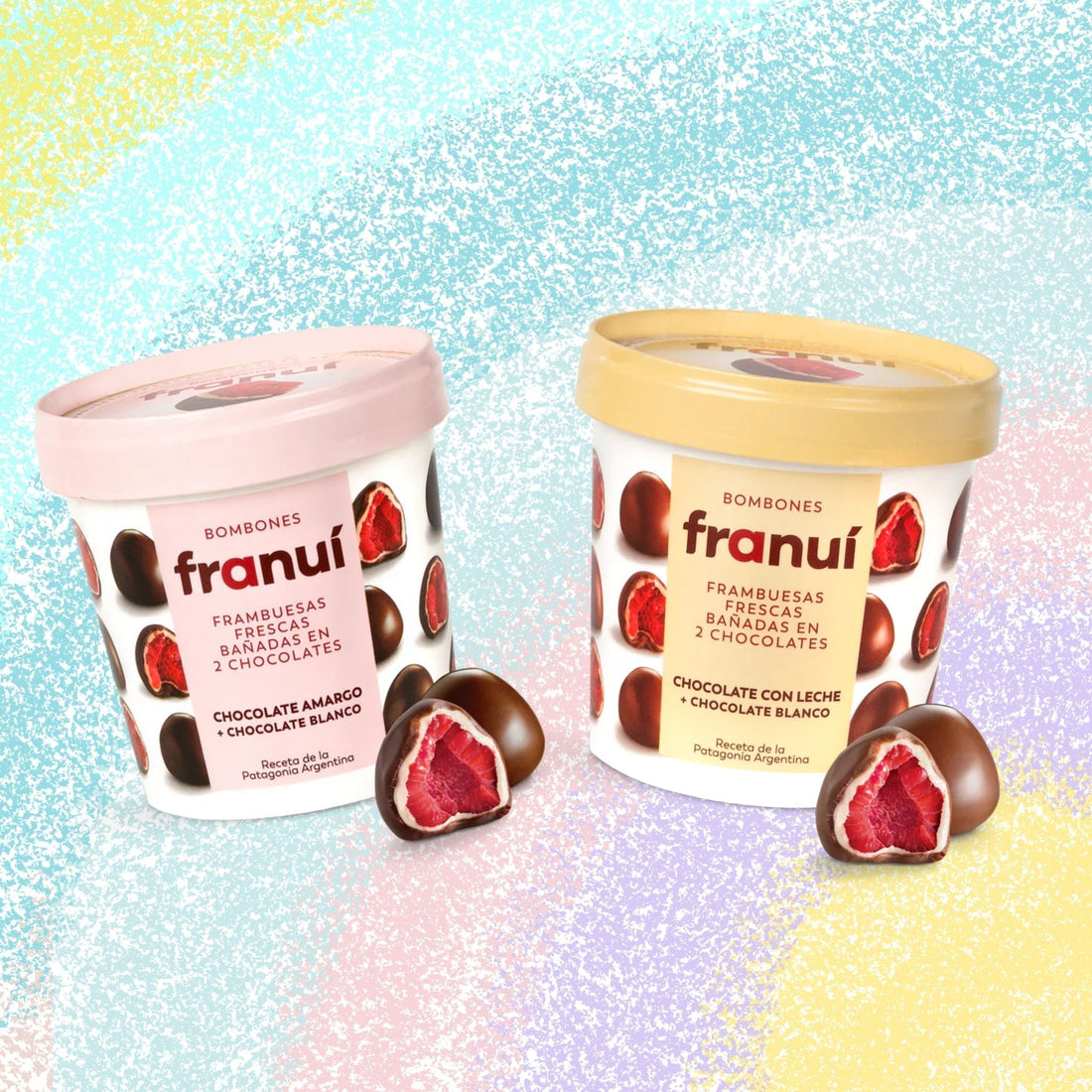 Franui – Framboises enrobées de chocolat noir et blanc dans un emballage élégant
