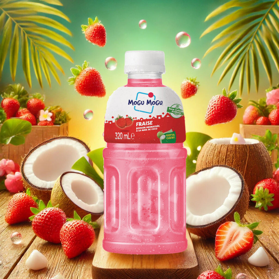 Boisson Mogu Mogu à la fraise avec des morceaux de nata de coco, entourée de fraises fraîches et de noix de coco, dans un cadre tropical et coloré.
