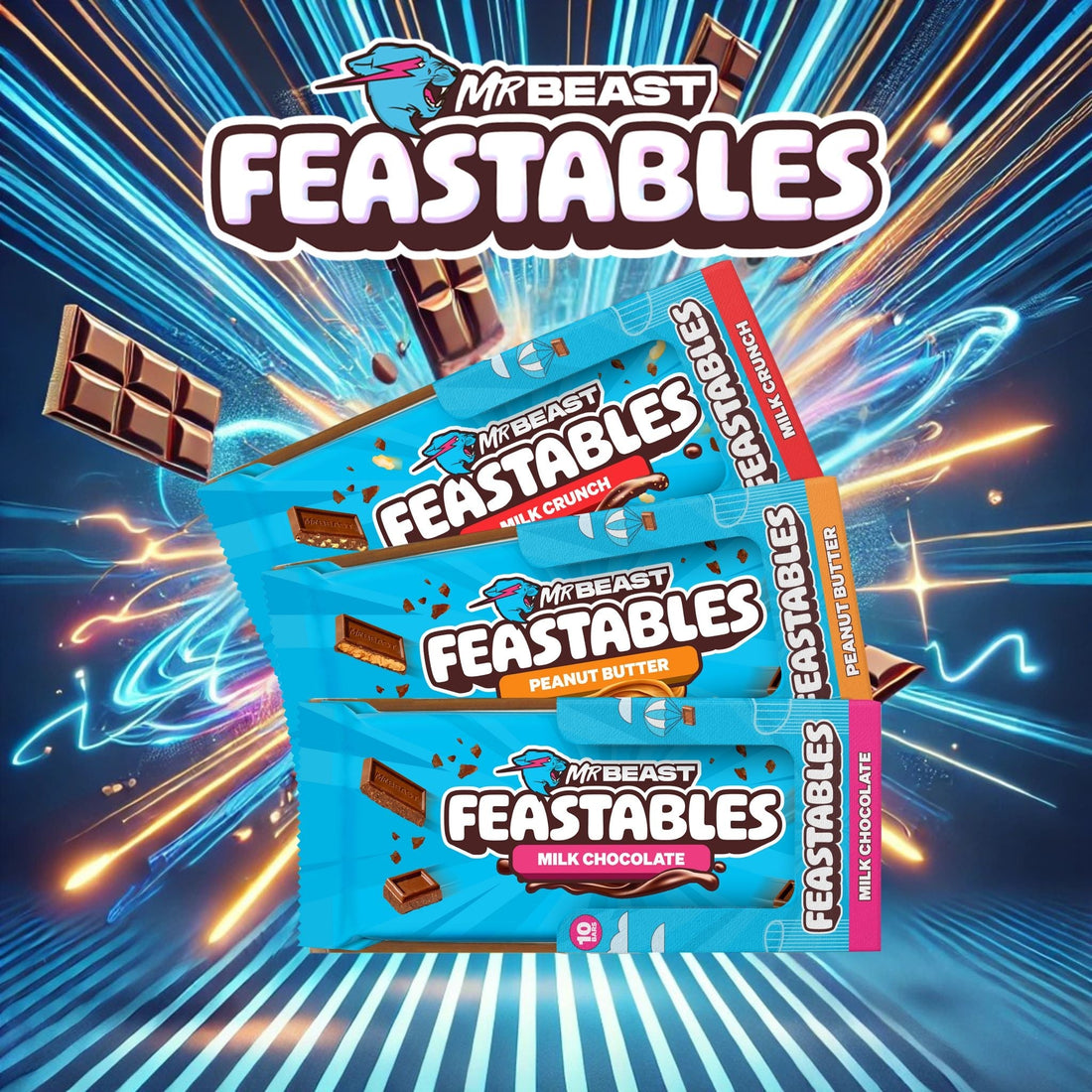Barres de chocolat MR Beast Feastables avec arrière-plan dynamique et logo MR Beast