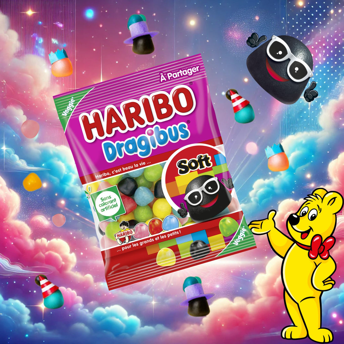 Paquet Haribo Dragibus Soft flottant dans un décor coloré avec des bonbons multicolores et l’ourson Haribo souriant