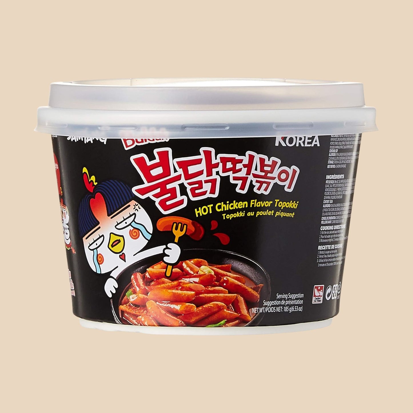 Buldak Tteokbokki Samyang – Snack coréen épicé, bâtonnets de riz moelleux, sauce piquante, emballage noir, authentique et savoureux