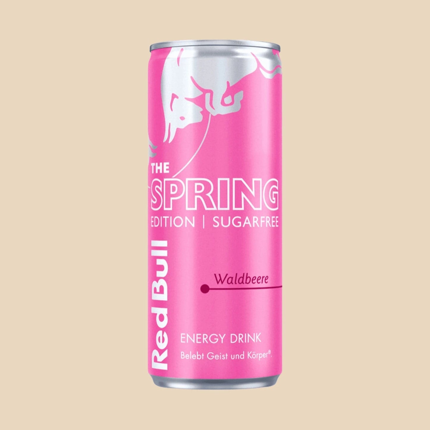 Canette de Red Bull Rose Waldbeere, boisson énergisante sans sucre, édition spéciale printemps à la saveur de baies sauvages.
