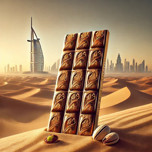 Image Chocolat de Dubai en plein désert avec en arrière plan le Burj Khalifa