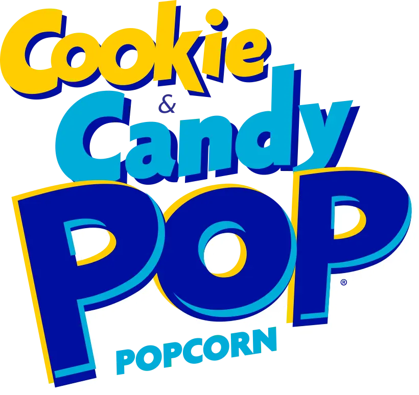 Logo de Cookie & Candy Pop Popcorn avec texte en bleu et jaune sur fond transparent.