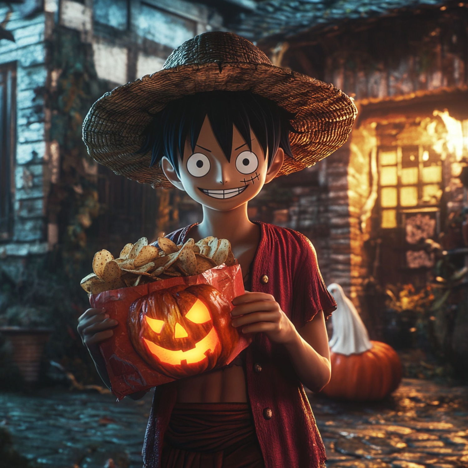 Collection salé lollipop korner avec luffy tenant un paquet de chips en forme de citrouille