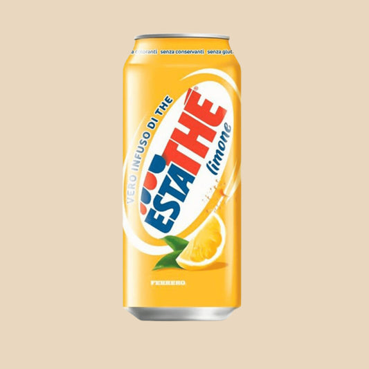 Image d'une canette d'Estathé Limone, une boisson raffinée au thé infusé et au citron, présentée par Ferrero.
