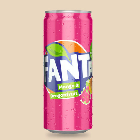 Canette de Fanta Mangue et Fruit du Dragon, boisson gazeuse rose au goût de mangue et de fruit du dragon.