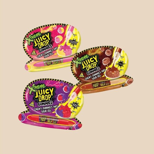 Paquet de Juicy Drop Gummies Xtreme Sour Gel avec plusieurs saveurs.
