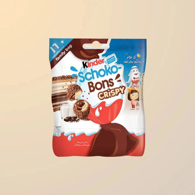 Sachet de Kinder Schoko-Bons Crispy, friandise chocolatée avec une coque croquante et un cœur fondant aux noisettes.