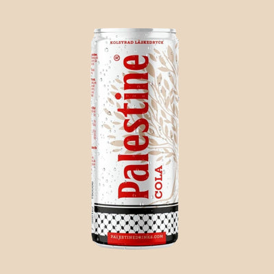 Canette de Palestine Cola, boisson gazeuse de type cola, soutenant l’économie locale palestinienne, fabriquée en Suède avec un design emblématique.
