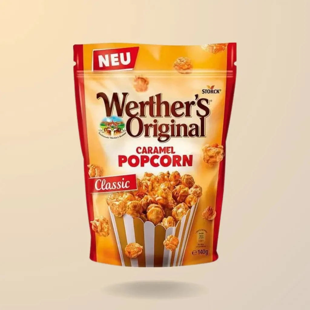 Popcorn Werther's Original enrobé de caramel dans un paquet de 140g.