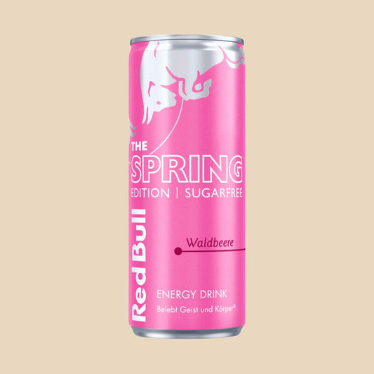 Canette de Red Bull Rose Waldbeere, boisson énergisante sans sucre, édition spéciale printemps à la saveur de baies sauvages.