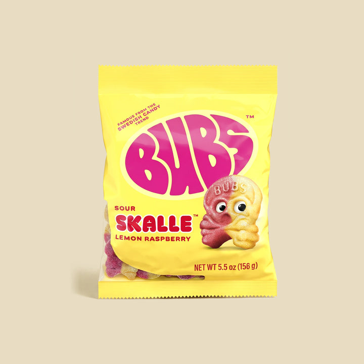 Sachet 156g BUBS Sour Skalle citron-framboise — mousse suédoise vegan, exclusivité Box — Lollipop Korner