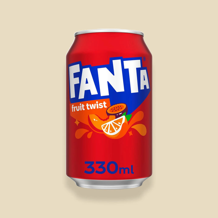 Canette Fanta Fruit Twist 330 ml, recette britannique orange, pêche, pomme et fruit de la passion