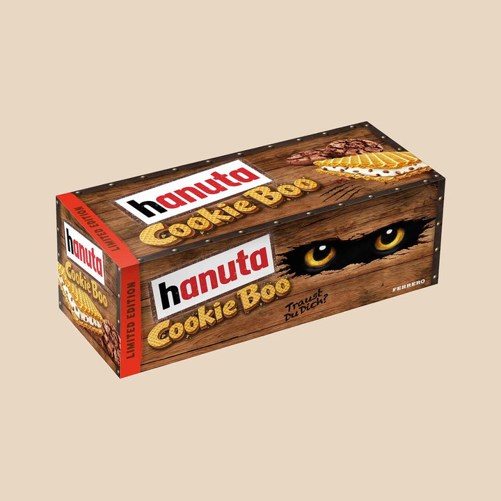 Boîte hanuta Cookie Boo, 10 gaufrettes à la crème au lait et aux éclats de biscuit au cacao, 220 g