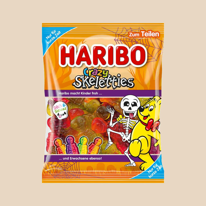 Sachet Haribo Crazy Skeletties 160 g, bonbons gélifiés en forme de squelettes, édition allemande