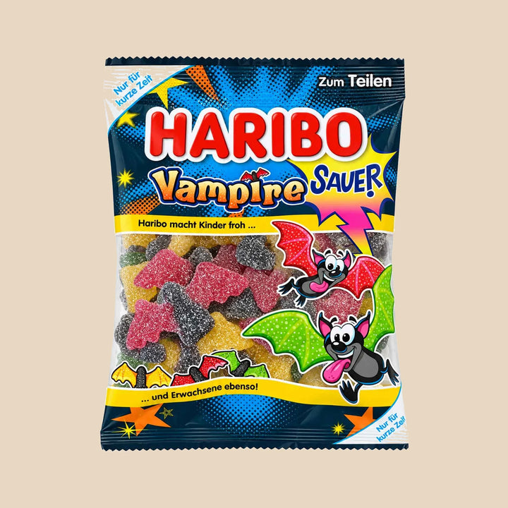 Sachet Haribo Vampire sauer 175 g, bonbons gélifiés acidulés aux fruits et à la réglisse en forme de chauves-souris