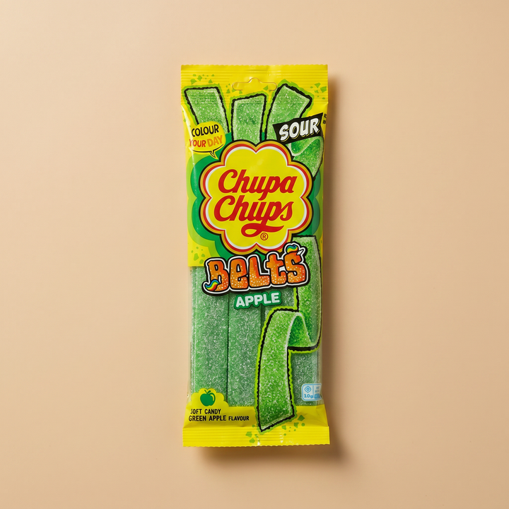 Chupa Chups Sour Belts Apple 90g — lanières acidulées pomme verte
