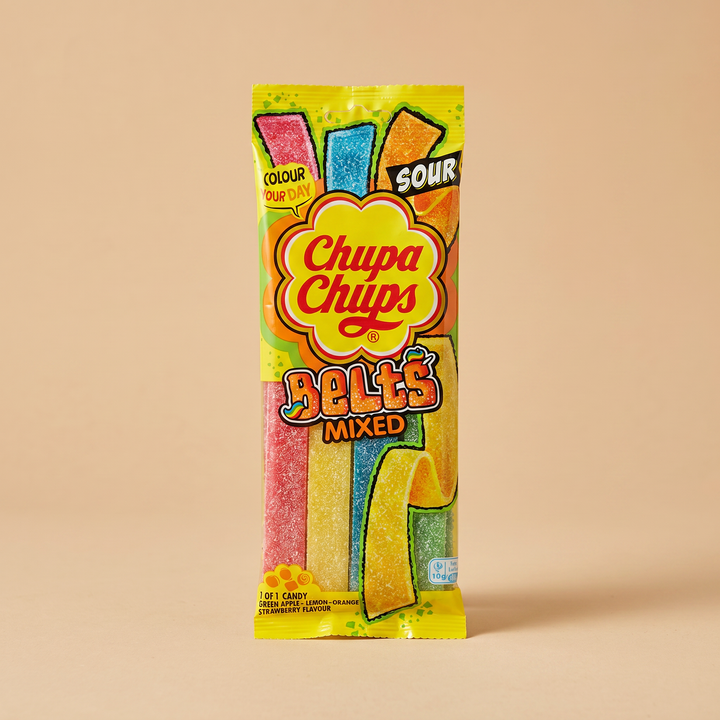 Chupa Chups Sour Belts Mixed 90g — lanières acidulées 4 saveurs assortiment