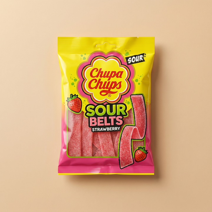 Chupa Chups Sour Belts Strawberry 90g — lanières acidulées fraise