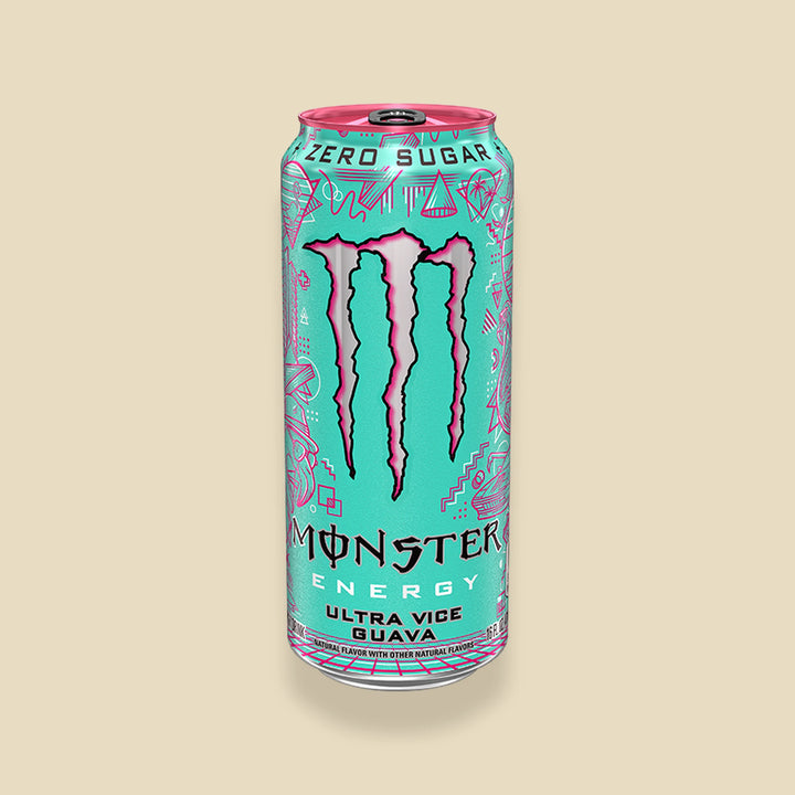 Canette 473 ml Monster Ultra Vice Guava — energy drink goyave zéro sucre importé USA — Lollipop Korner