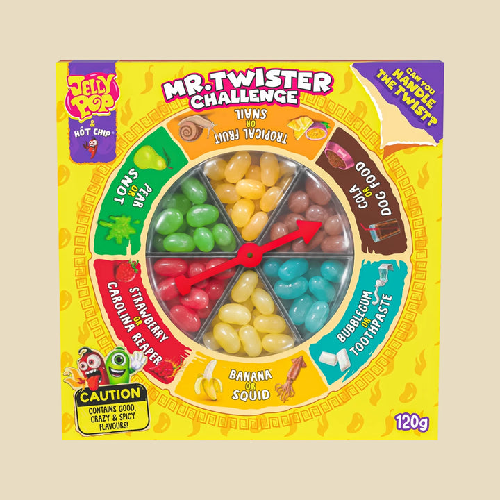 Mr Twister Challenge 120 g, boîte JellyPop by Hot Chip : roulette et six duos de jelly beans (fraise ou Carolina Reaper, banane ou calamar…)