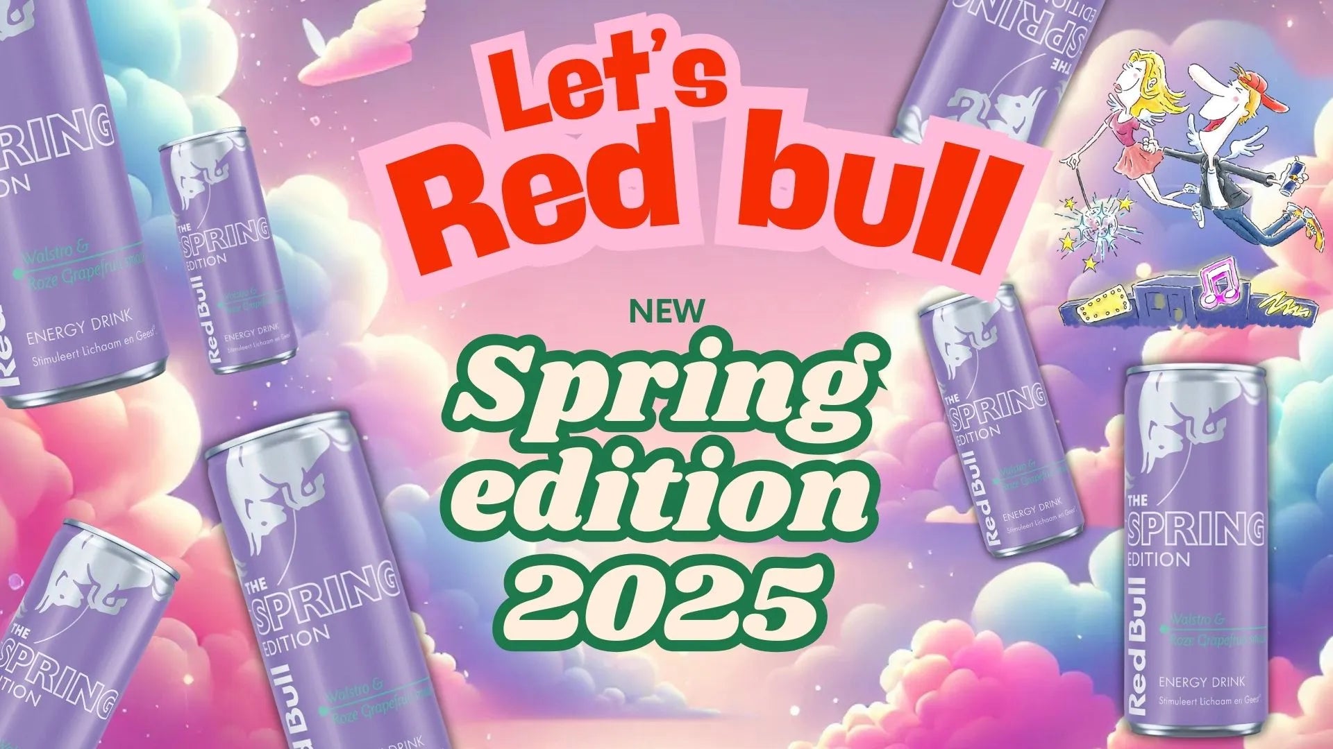 Bannière promotionnelle pour le lancement de la Red Bull Spring Edition 2025, avec un arrière-plan pastel de nuages et des éléments graphiques amusants.