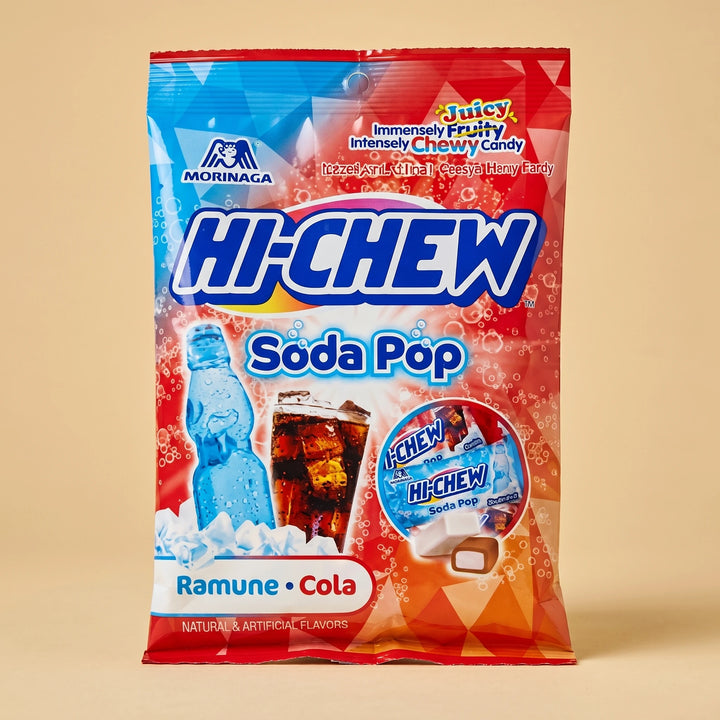 Sachet 85g Hi-Chew Soda Pop Ramune Cola — bonbon japonais à mâcher saveurs Ramune et Cola — Lollipop Korner