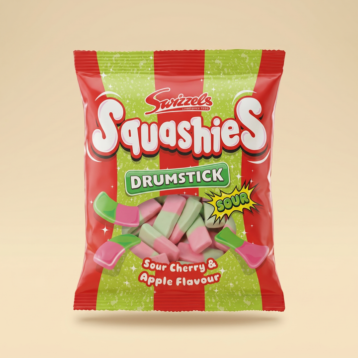 Squashies Drumstick Cherry & Apple sachet 120g Swizzels UK — bonbon acidulé marshmallow halal — Lollipop Korner