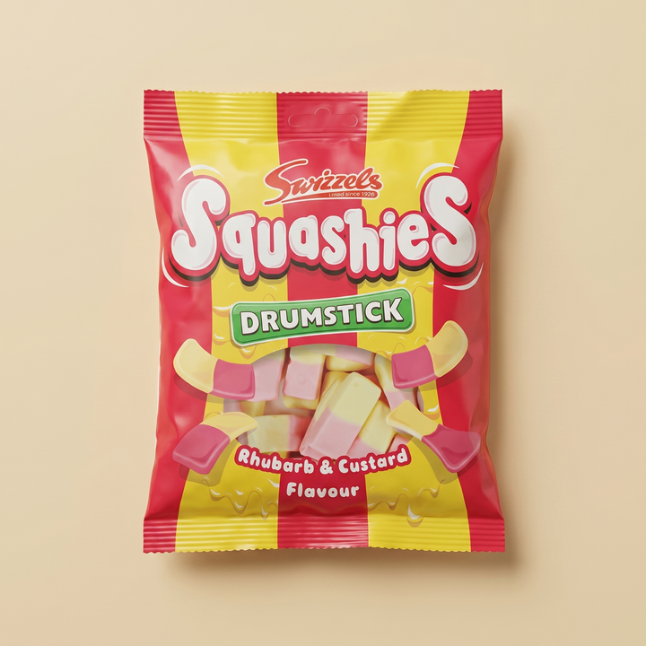 Squashies Drumstick Rhubarb & Custard sachet 120g Swizzels UK — bonbon retro marshmallow halal — Lollipop Korner