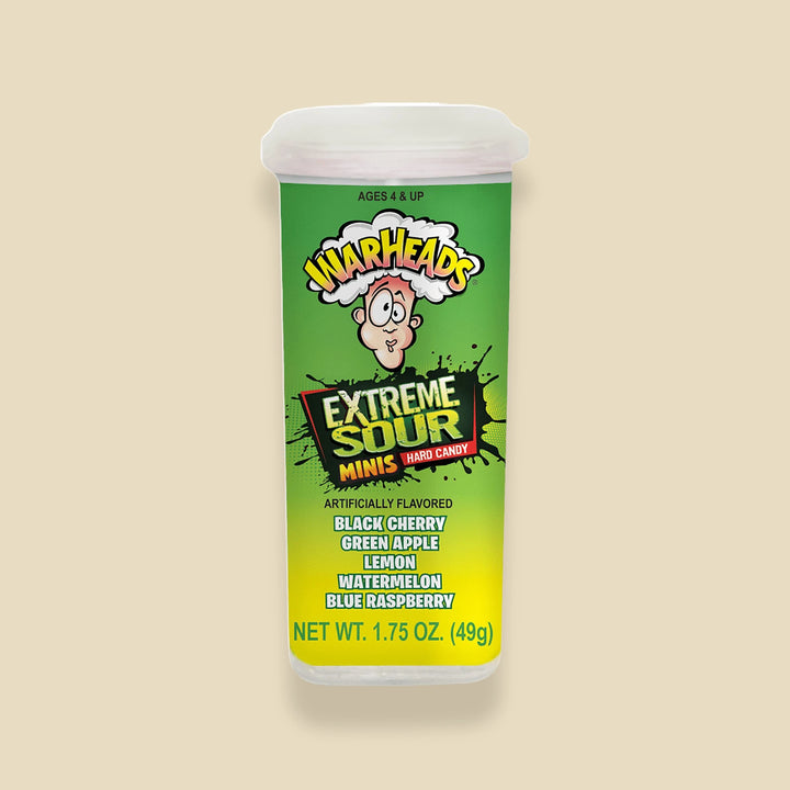 Tube Warheads Extreme Sour Minis 49 g, mini bonbons durs acidulés, fond beige Lollipop Korner