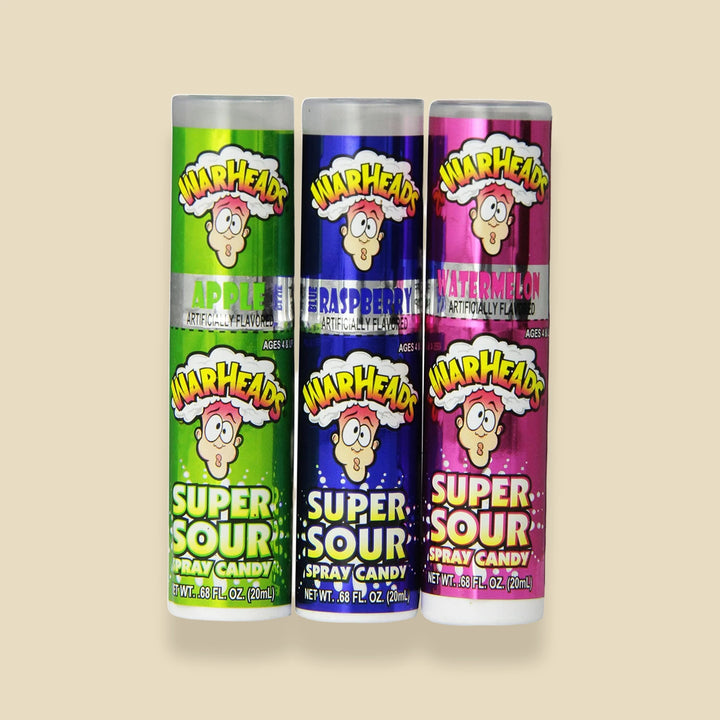 Warheads Super Sour Spray : les trois parfums possibles (pomme verte, framboise bleue, pastèque) ; un flacon de 20 ml livré, parfum au hasard